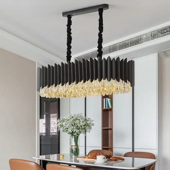 

Luxury Crystal Chandeliers Rectangle Kitchen Island Led Hanging Lamp Black Metal Lighting Living Room Bedroom Light Fixtures E14