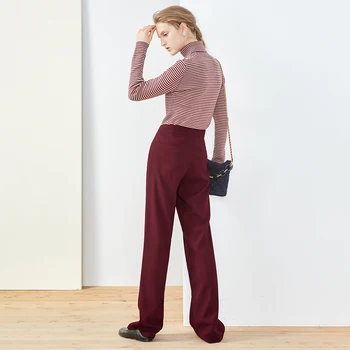 

Women Pants Double-breasted Wine Red Loose Casual Wide-leg Pants