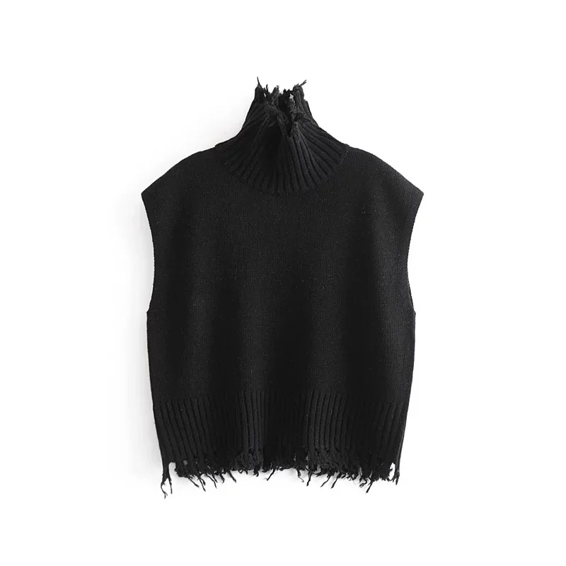 Woman modis spring solid turtleneck tassel sleeveless jersey knitted jumper pullover crop vest sweater dropshipping Y1006