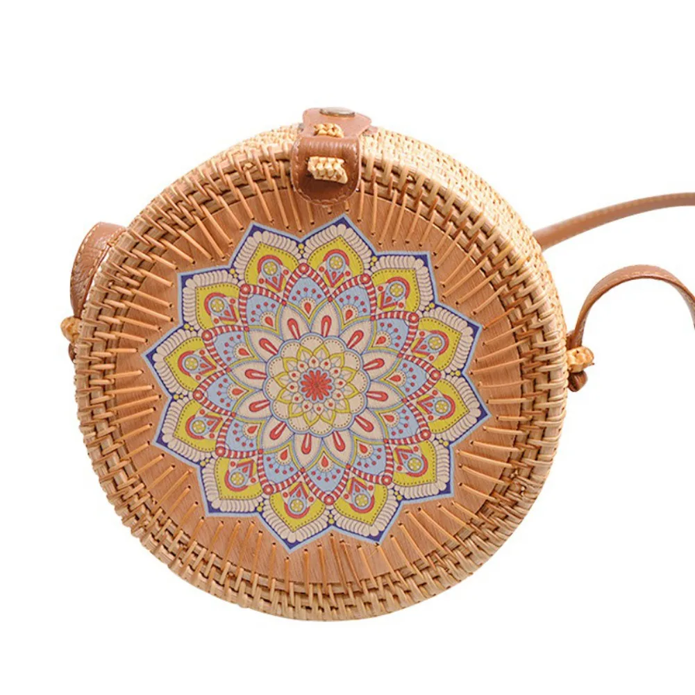 Женская мода красивый цветочный узор печать сумка ручной работы плетёная ротанговая круглые маленькие сумочки-почтальонки - Цвет: G