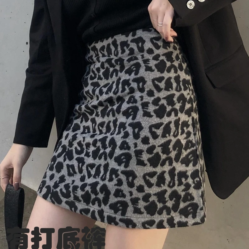 

Новинка Осень-зима 2020, плотная Модная приталенная сумка с высокой талией и леопардовым принтом, шерстяная юбка на бедрах