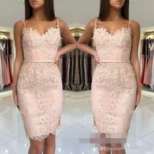 Элегантные коктейльные платья облегающее платье на тонких бретельках Аппликация до колена кружевные выпускные платься с бисером