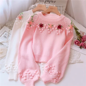 

2020 winter girls' Day series sweet Embroidery Flower salt soft sweater Lantern Sleeve T-Shirt Top