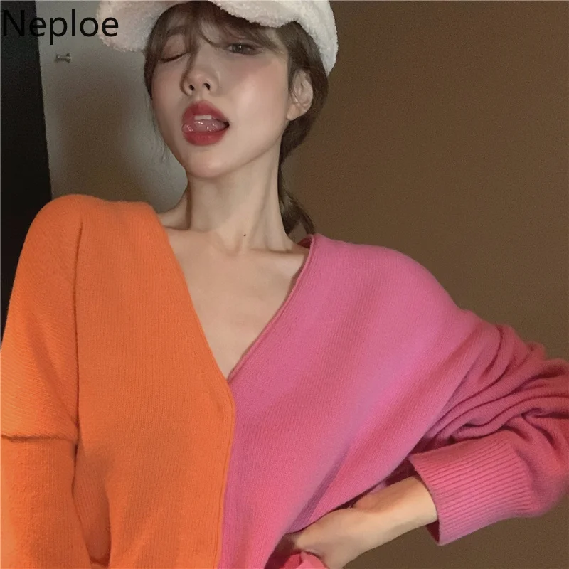 Neploe, v-образный вырез, подходящий цвет, однобортный вязаный кардиган, свитер с длинным рукавом и карманом, свободное Женское пальто, корейский стиль, осень 48287