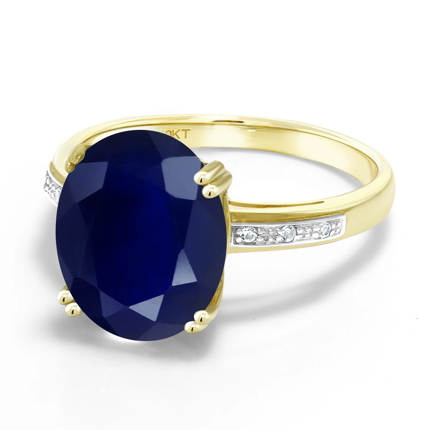 10K Yellow Gold Blue Sapphire and White Diamond Accent Solitaire Engagement Ring(5.04 Ct Oval