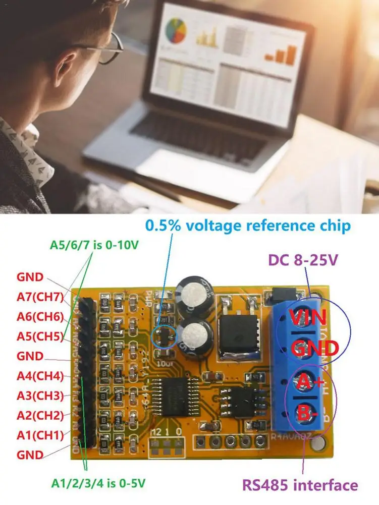 R4AVA07 7 канальный RS485 аналоговый коллектор напряжения ADC Modbus RTU 03 06 код функции