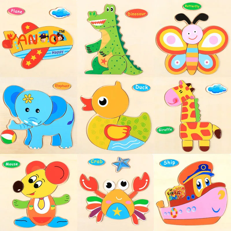 

9 Styles Kids Cartoon Animals Dimensional Wooden Jigsaw Puzzle Toys