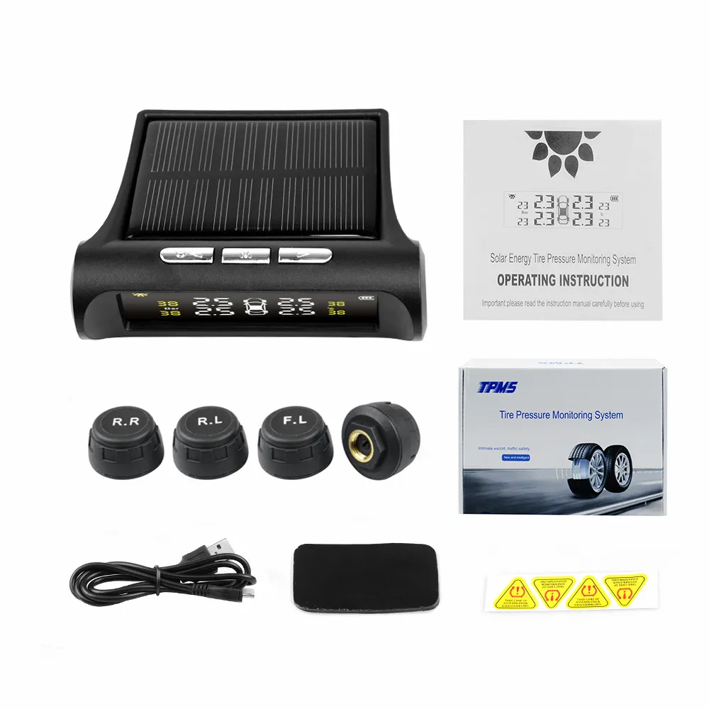 TPMS  Solar Power Car Tire Pressure Alarm Monitor System Auto Security Alarm Systems Tyre Pressure Temperature Warning