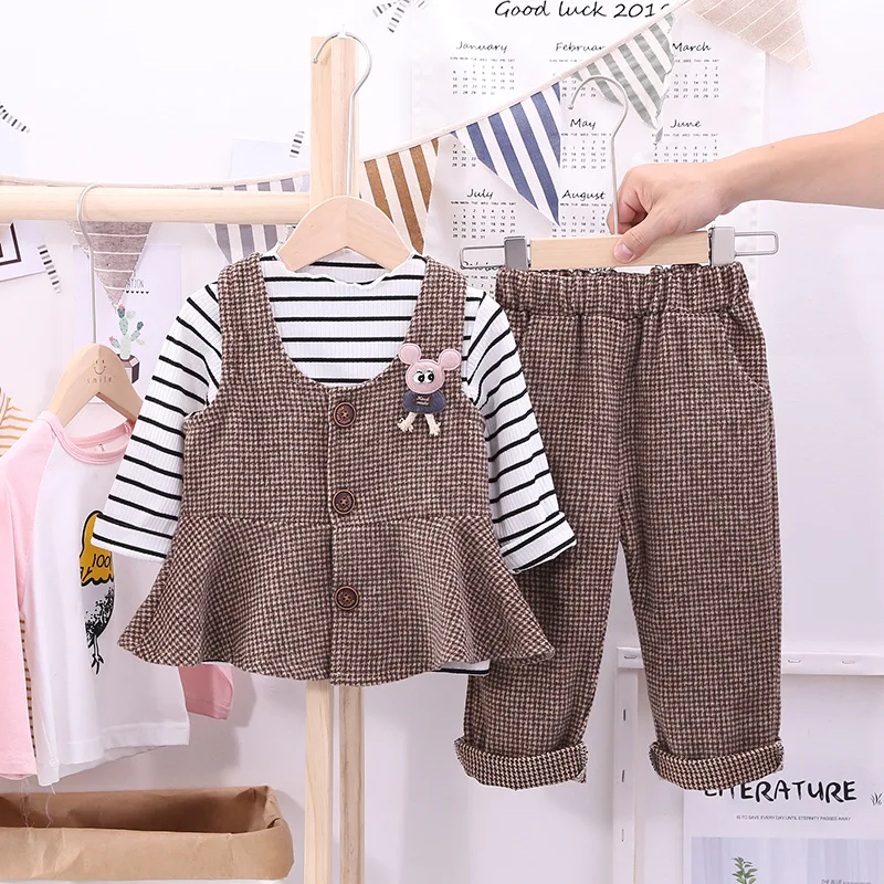 

2019 Childrenswear New Style Autumn Female Baby Stripes Long Sleeve Plaid Pendulum Long Sleeve Trousers 01-2-3-4-Three-piece Set