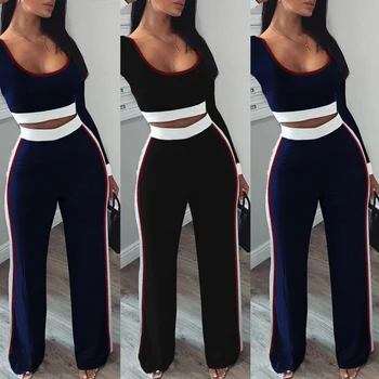 

Women Clothing Female Suits Casual Long Sleeve Skinny Pullovers Long Pants Elastic Waist Contrast Fashion Two Piece Suits D30