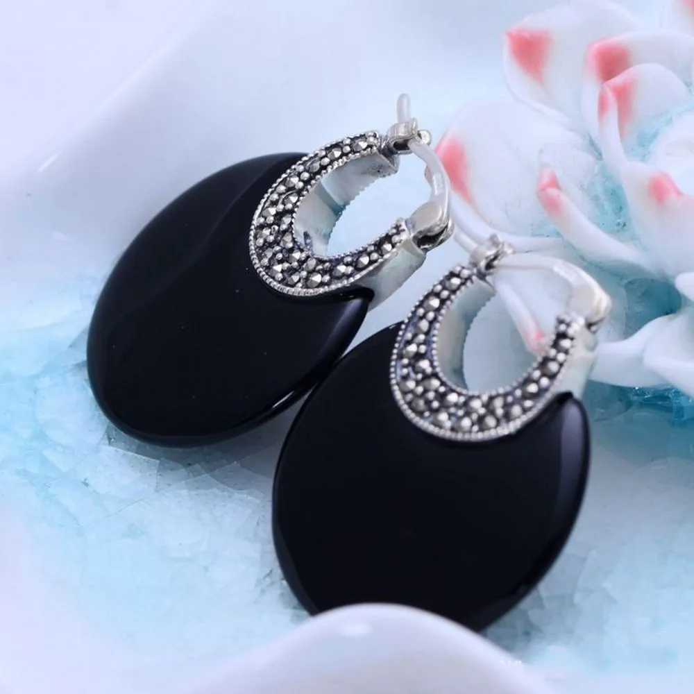 Женские серьги из серебра 925 пробы с черным/белым опалом|925 sterling silver black|silver blackonyx
