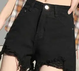 G1202 летние новые женские модные с высокой талией Тонкий необработанный край Широкие рваные свободные джинсовые шорты дешевые оптом - Цвет: Черный