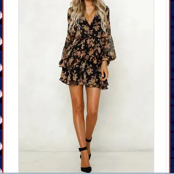 

Fashion Womens Dress Sexy Deep V-Neck Lartern Long Sleeve Ruffles Dress Floral Print Evening Party Slim Dress 2019 Autumn Womens