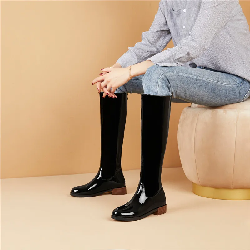 ASUMER plus size 45 knee high boots women patent leather square heel autumn winter shoes woman fashion riding boots