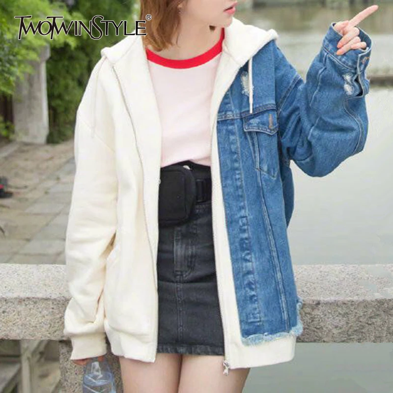 

TWOTWINSTYLE Leisure Patchwork Denim Women's Sweatshirt Hooded Long Sleeve Hit Color Sweatshirts Female 2019 Autumn Fashion New