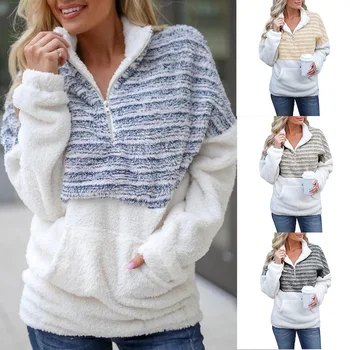 

Women Zipper Stitching Pockets Blouse Coat Lapel Long Sleeve Casual Loose Jacket TY66