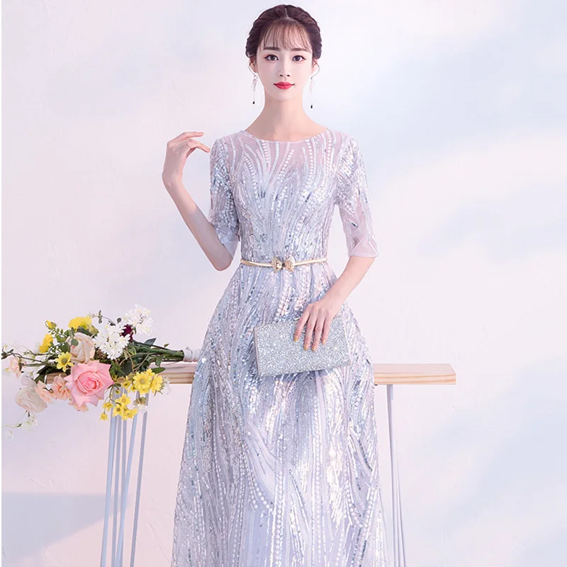 It is Yiiya Evening Gown Long Slivery Wedding Party Dress 2020 O-Neck Half Sleeve Formal Gowns Shiny Sequin Robe De Soiree K157