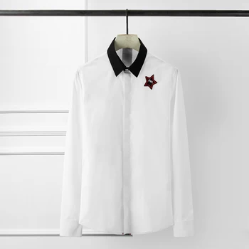 

New Shirt Men Luxury Pentagram Embroidery Black White Mens Shirts Solid Color Long Sleeve Men Shirt Plus Size 4xl Party Shirt