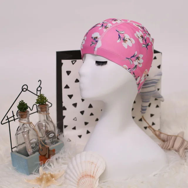 Flower Print Fabric Swimming Cap Swiming Pool Protect Long Hair Ears Hat Swim Bathing Hats Caps for Women Men Adults Ladies Hat 03