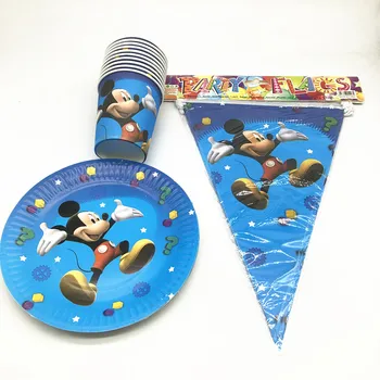 

60Pcs Disney Mickey Mouse Theme Design Baby Shower Tableware Kids Birthday Party Paper Cup Plate flags Decorations Supplies