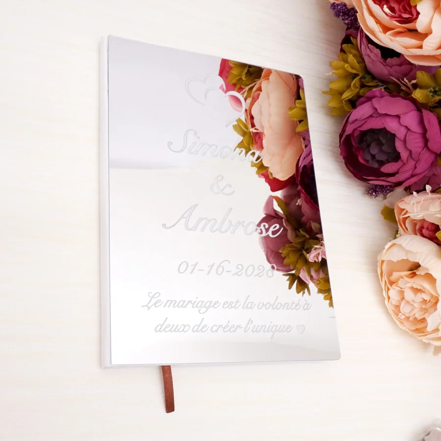 26x 19cm Custom Love Heart Wedding Signature Guest Book Personalized Mirror Front Cover Bride Groom Party Decor Favors Gift