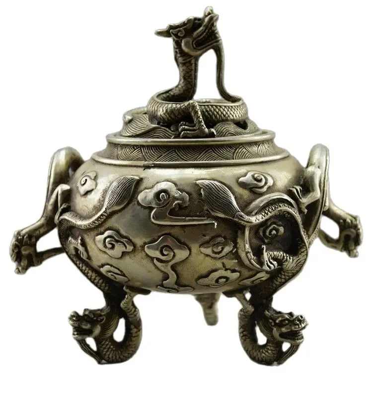 

Collectible Decorated Old Handwork Tibet Silver Carved 6 Dragon Incense Burner metal handicraft