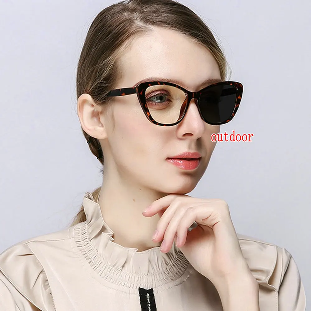 Women Cat Photochromic Finished Myopia Glasses Photosensitive Chameleon