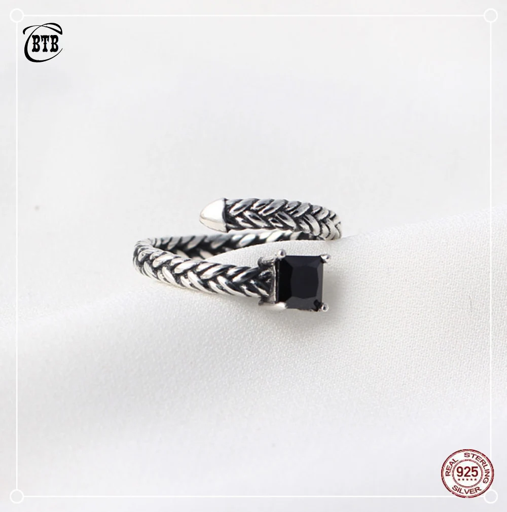 

Vintage 925 Sterling Silver Black Crystal Twist Rings Ladies Personality Opening Rings Party Gift Women Fashion Jewelry