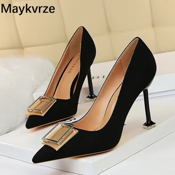 

European and American women's High Heels fashion pointed Toe sexy was thin metal buckle thin heel female Pumps woman shoes
