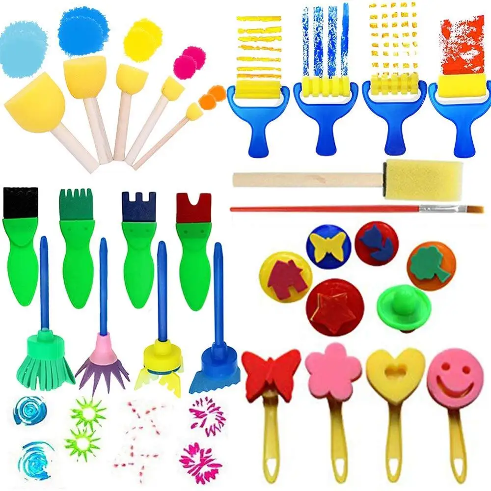 Lumsburry 59pcs Kids Art & Craft Early Learning Painting Sponges Stamper Mini Paint Brushes Kit with 26 English Alphabets Drawing Tools with Apron&Box 
