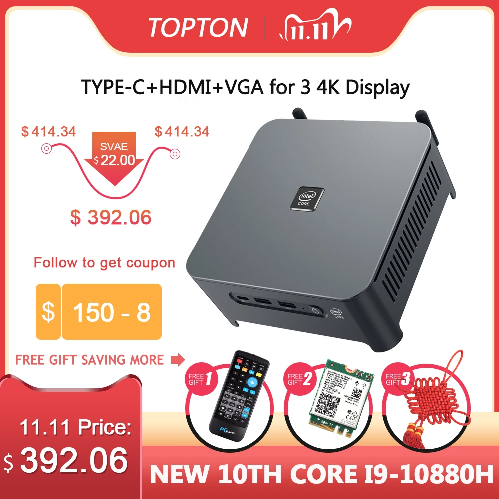 10 го поколения Intel Core Mini PC i9 10880H i7 10750H i5 10300H Windows Linux 2 * DDR4 M.2 Lan WiFi DP HDMI 4K компьютер HTPC