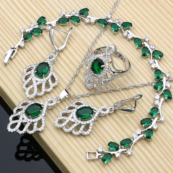 

Women Wedding Plant Leaves Necklace Sets Earrings Ring Bridal Silver 925 Jewelry Set Zircon Crystal Bracelet Dropshipping Gift