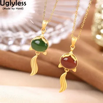 

Uglyless Magic LOVE God Miss Fox Pendants Earrings for Women Animals Jewelry Sets Jade Agate Foxes Necklaces NO Chain 925 Silver