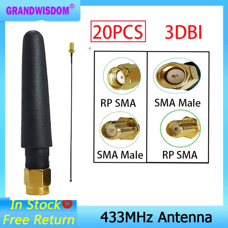 

GRANDWISDOM 20pcs 433mhz antenna 2-3dbi sma male lora antene iot module lorawan antene ipex 1 SMA female pigtail Extension Cable