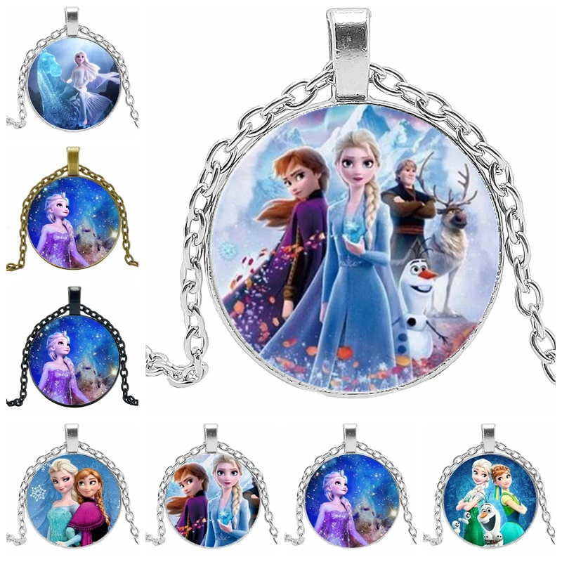 

2020 Children's Pendant 3 Color Ladies Jewelry Necklace Round Princess Elsa Anna Snow Queen Handmade Artwork Sweater Chain Girl