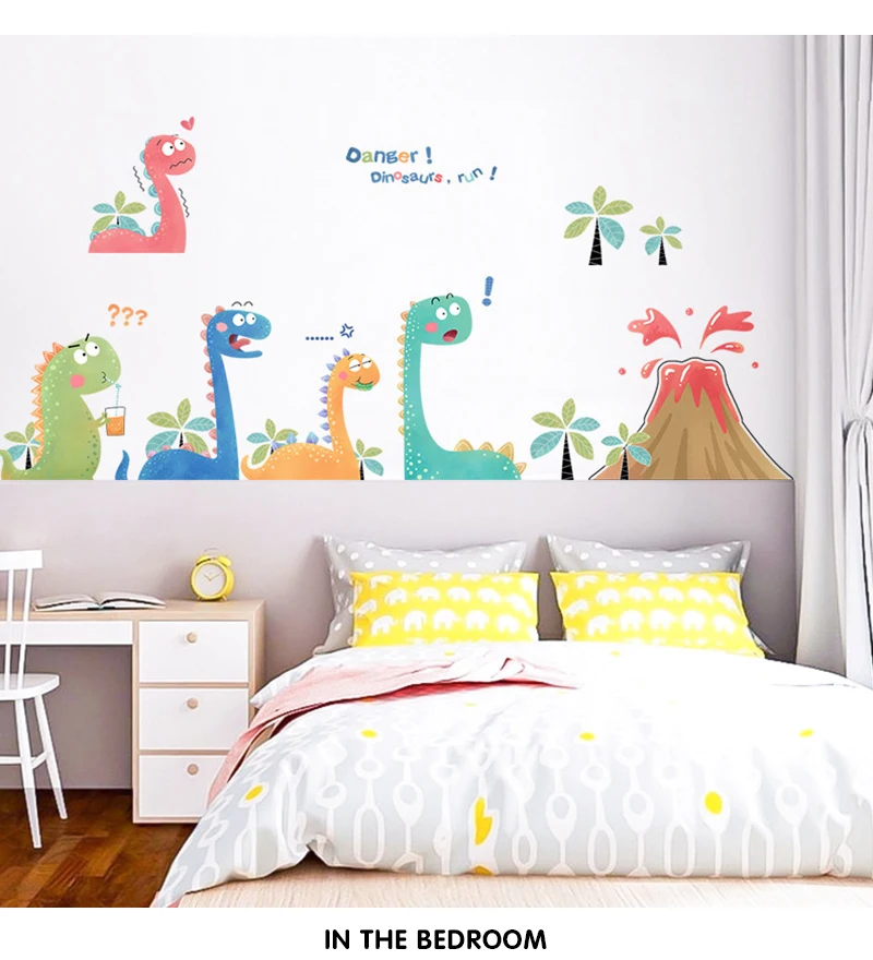 Cartoon volcano little dinosaur wall stickers creative kids room decoration cute sticker self-adhesive baby bedroom wall decor