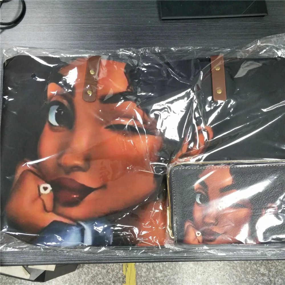 Günstige FORUDESIGNS 2 teile satz Frauen Handtaschen Schwarz Kunst Afrikanische Mädchen Druck Hand Tasche   Geldbörsen Damen Ethnische Top Griff Taschen frauen Bolsa