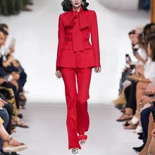 Новая мода высокое качество осень лук воротник Топы Брюки-карандаши винтажные элегантные шикарные вечерние рабочие повседневные красные женские наборы