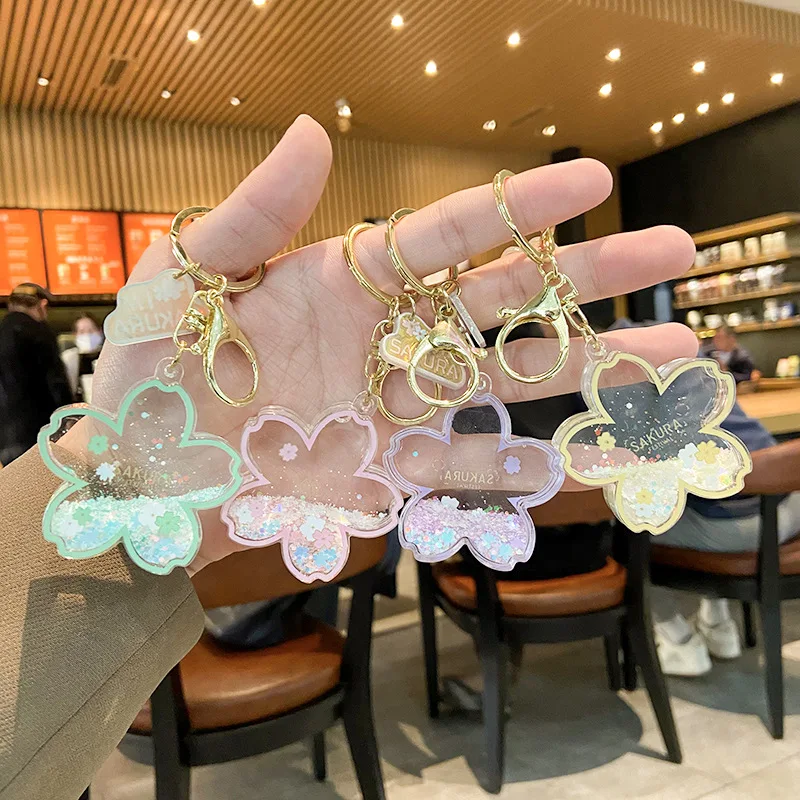 DIY Custom Resin Cherry Blossom Keychain Romantic Quick Sand Snowflakes Alloy Pendant Ladies Girls Keyring Small Accessories | Украшения и
