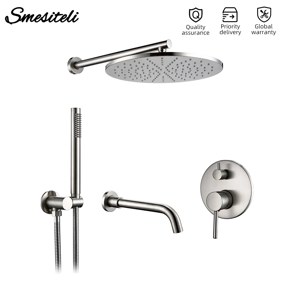 Bath 8-12" Shower Head System Kit Brushed Stainless Steel Rain fall Brass Diverter Mixer Tap Set Hand held Wall Arm Valve