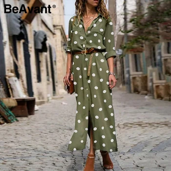

BeAvant Bohemian printed suit dress women summer beach Split dress female long sleeves casual High waist button dress vestidos
