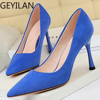 

2019 Women Valentine 8.5cm High Heels Suede Flock Pumps Lady Scarpins Low Heels Sexy Valentine Blue Yellow Office Dress Shoes