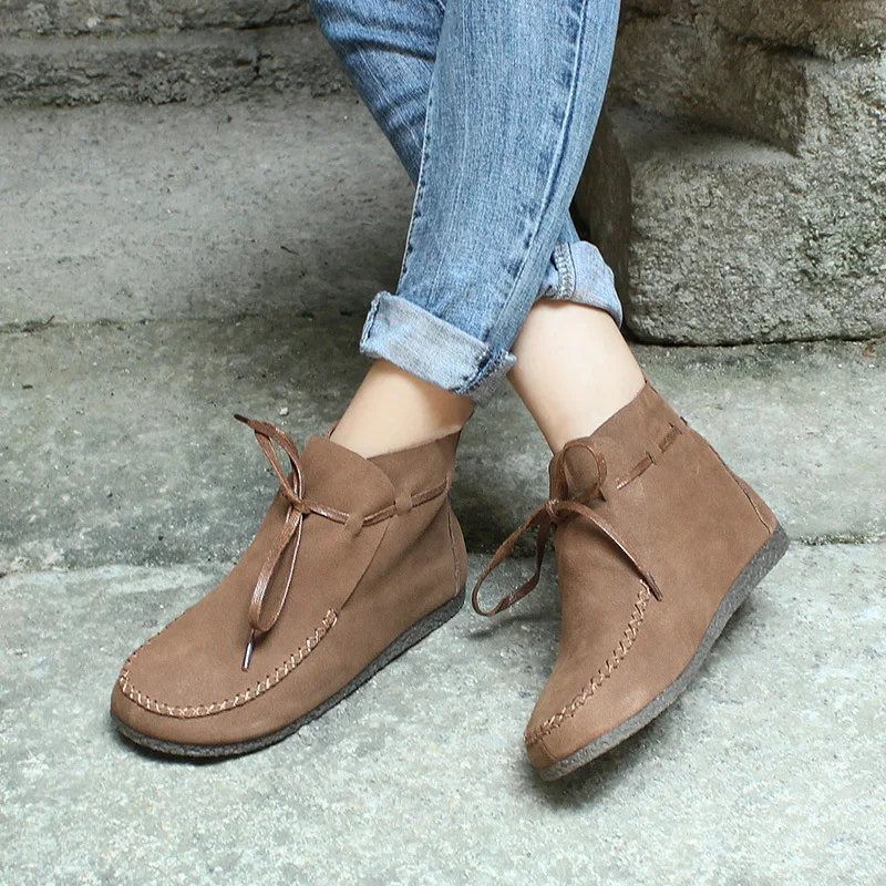 

2019 Nubuck Leather Women Boots Flat With Ankle Woman Martin Boots Ribbon British Style Spring/Autumn Shoes