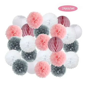 

New 24pcs/Set 6" 8" 10" 12" Baby Shower Decor Grey/Pink/Blue Paper Lantern Kids Boy Girl Birthday Party Favor Paper Pompoms