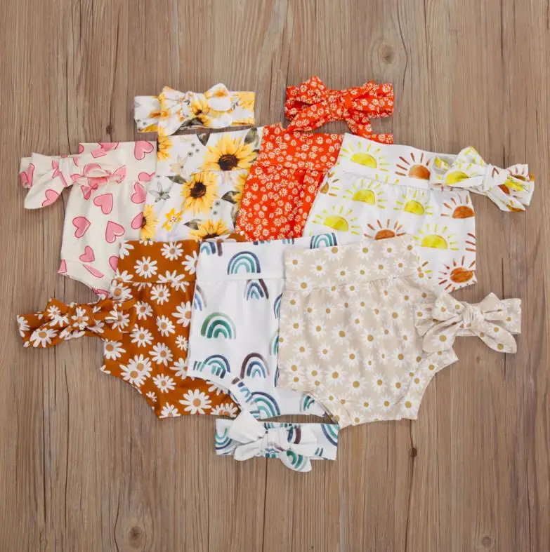 

Casual Summer Baby Shorts Baby Girl High Wasit Elastic Waist Floral Bloomers Shorts Headband Summer Clothes