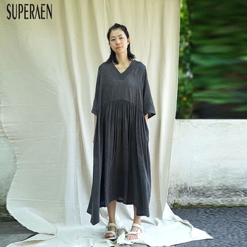 

SuperAen Cotton Linen Fashion Women Dress Spring and Summer New 2020 Ladies Dress V-neck Casual Robe Women Clothing