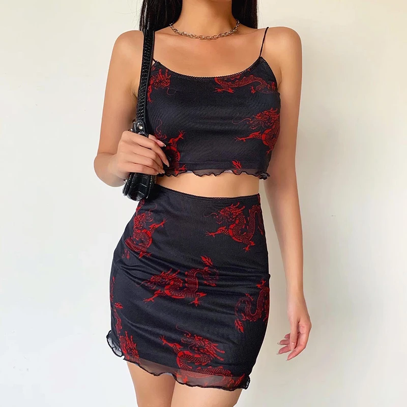 Darlingaga Chinese Style Dragon Print Summer Two Piece Set Women Mesh Sexy Matching Sets Strap Crop Top and Mini Skirt Suit 2020