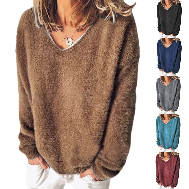 

Oversize Sweatshirt Women Fuzzy Tunic Pullovers Tops Casual Fleece Long Sleeve V Neck Solid Color Loose Fit Pullovers Clothing