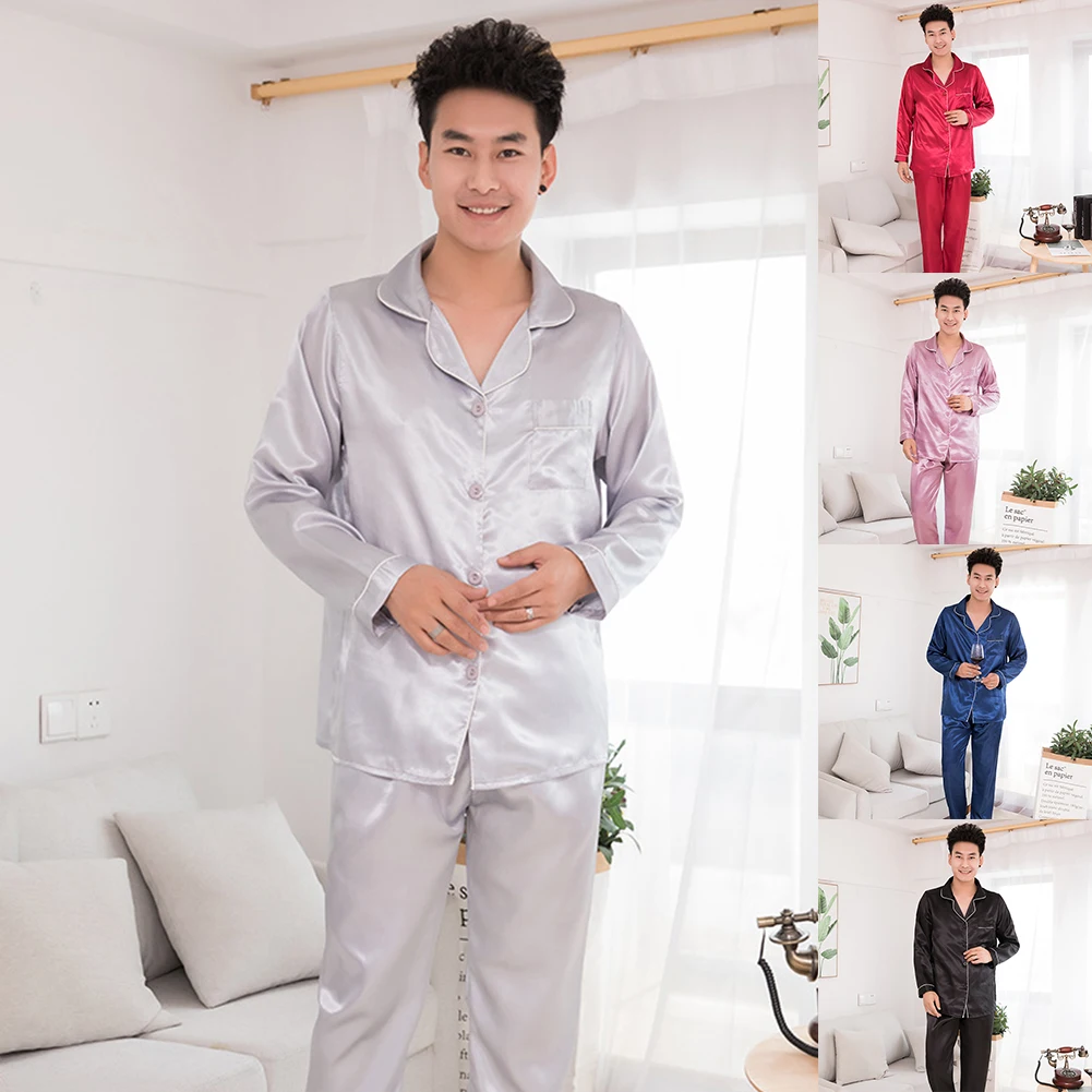 Silk Satin Men Pajamas Set Fashion Sleepwear Couple Solid Color Long Sleeve Suit Casual Two-Piece Pyjama Autumn Elastic Homewear red silk pajamas