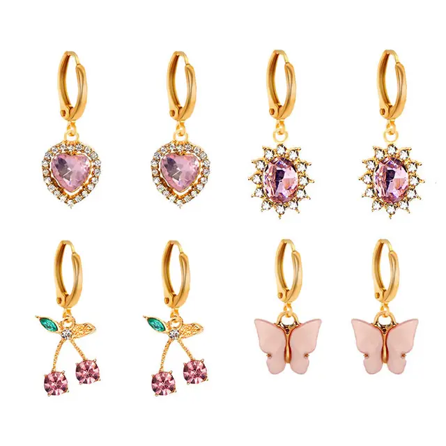 Flatfoosie 5Pair Pink Blue Heart Butterfly Drop Earrings Set For Women Boho Cute Star Moon Eye Dangle Earring 2022 Trend Jewelry 147305PK